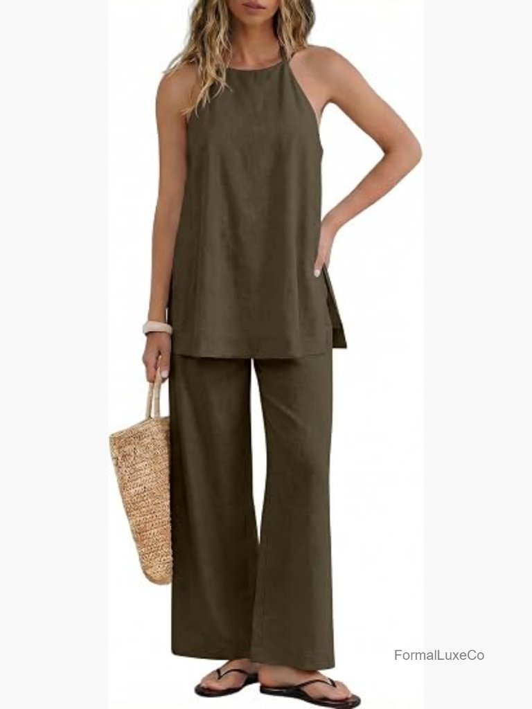 Linen 2 Piece Set Halter Top Wide Leg Pants Sleeveless